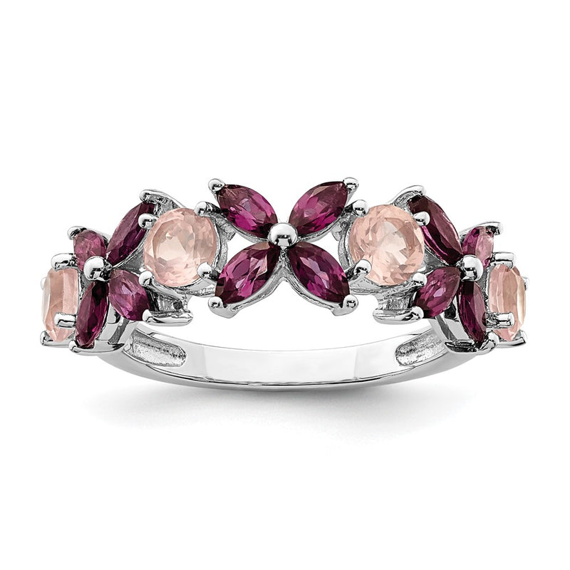 Sterling Silver Rhodium Plated Rose Quartz & Rhodolite Ring (Size 8 Only)