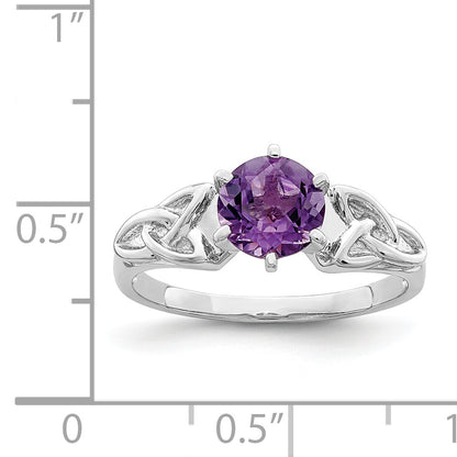 Sterling Silver Rhodium Plated Amethyst Celtic Trinity Ring