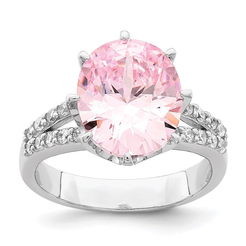 Sterling Silver Rhodium Plated 12X10 Oval Pink & White Cz Ring (Size 8 Only)