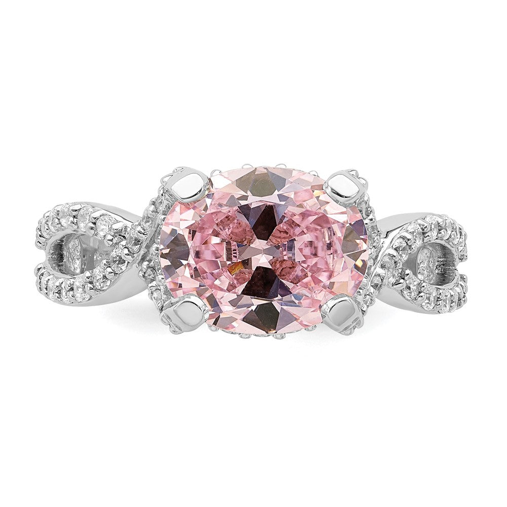 Sterling Silver Rhodium Plated Pink 10X8 Oval Cz Ring (Size 8 Only)