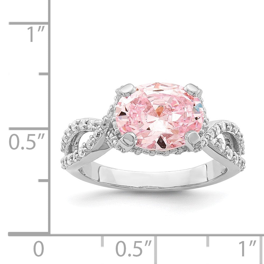 Sterling Silver Rhodium Plated Pink 10X8 Oval Cz Ring (Size 8 Only)