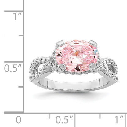 Sterling Silver Rhodium Plated Pink 10X8 Oval Cz Ring (Size 8 Only)