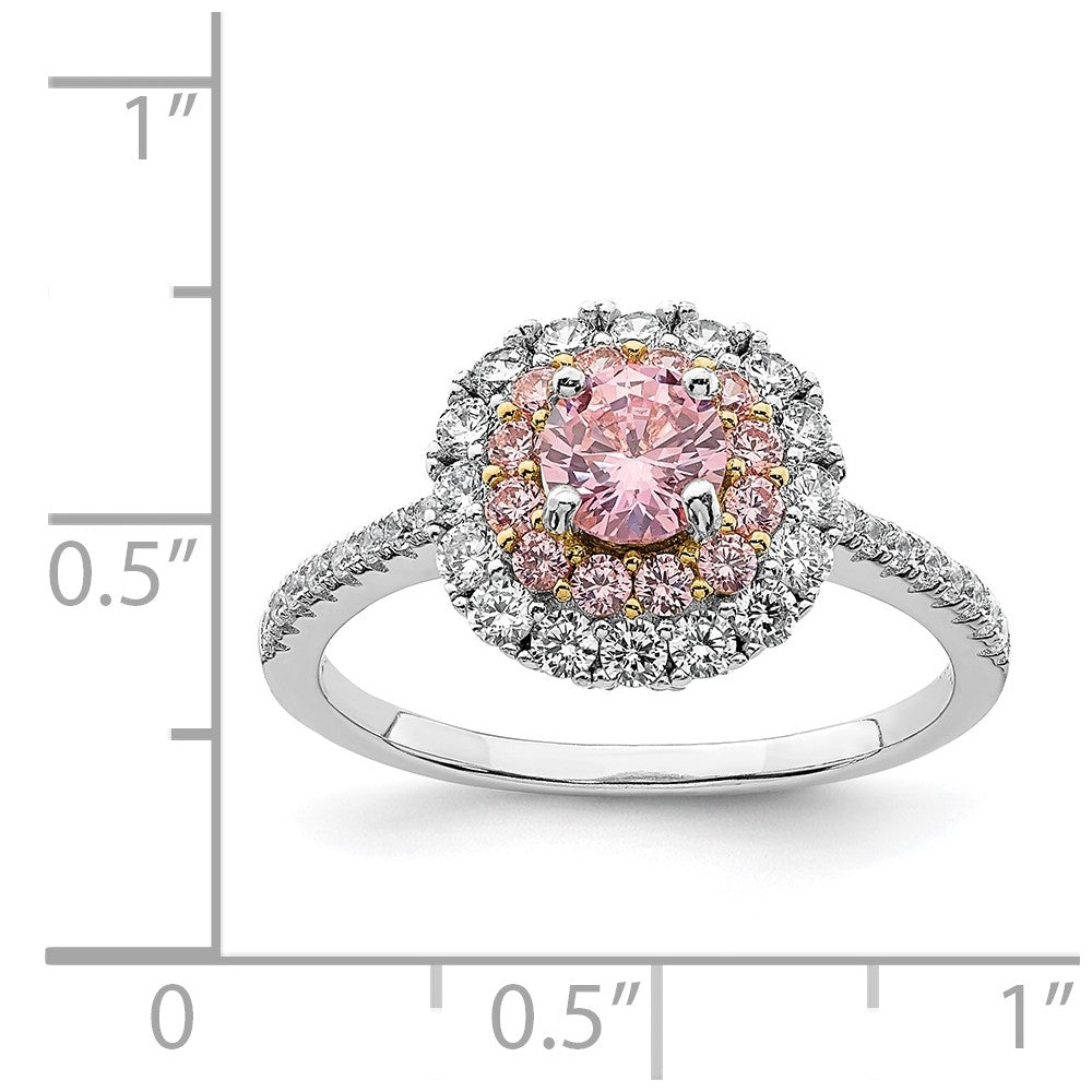 Sterling Silver Rhodium Plated/Gold Tone Pink & White Cz R/C Ring