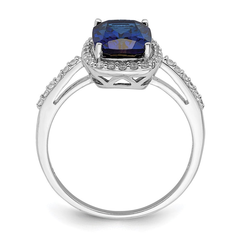 Sterling Silver Rhodium Plated Created Blue Sapphire And Cz Ring