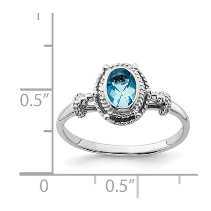 Sterling Silver Rhodium Plated With Blue Oval Cz Stone Ring (Size 6 Only)