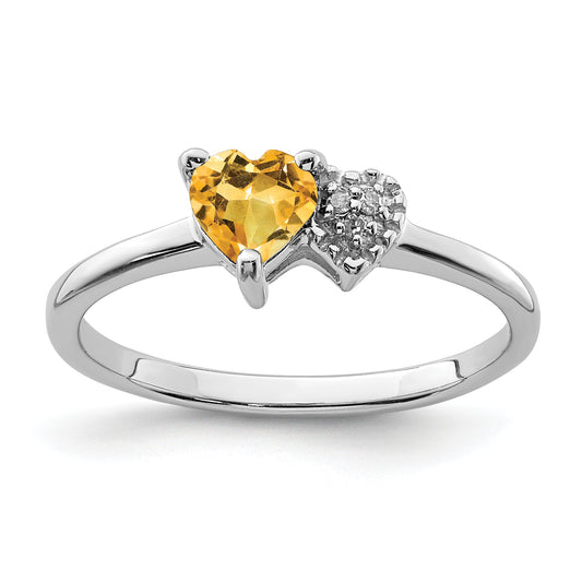 Sterling Silver Rhodium Plated Polished Citrine And Diamond Ring
