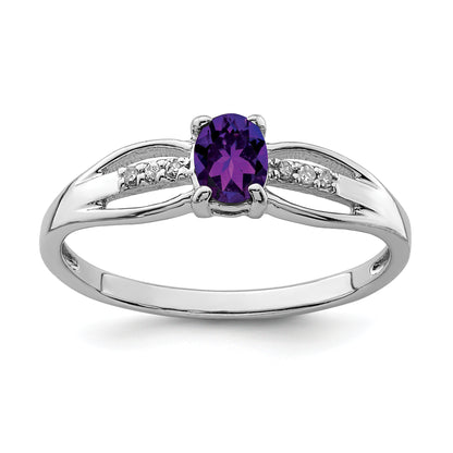 Sterling Silver Rhod Plated Diamond Amethyst Ring