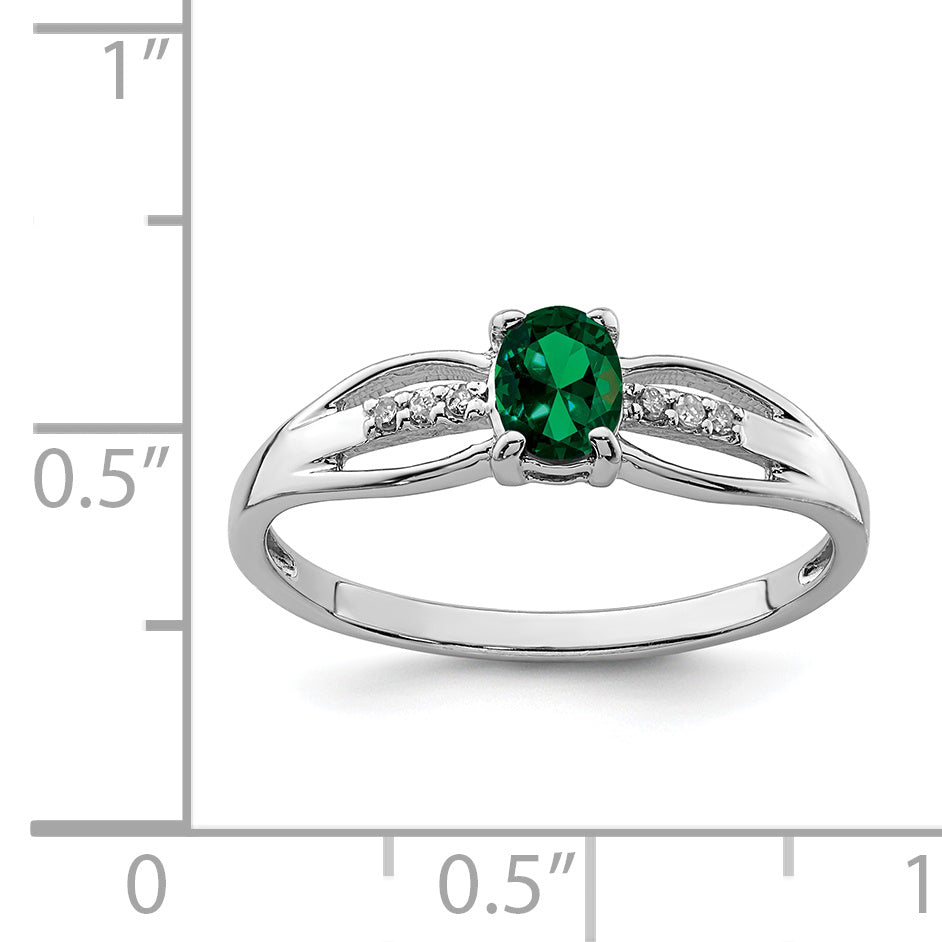 Sterling Silver Rhod Plated Diamond Created Emerald Ring