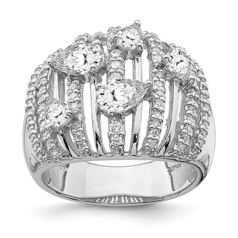 Sterling Silver Rhodium Plated Pear Cz Fancy Ring