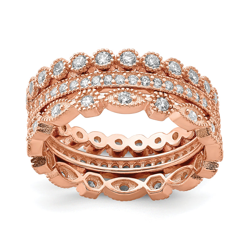 Sterling Silver Rose Tone Cz Set Of 3 Eternity Rings