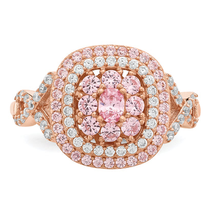 Rose Plated Sterling Silver Pink And White Cz Cushion Ring