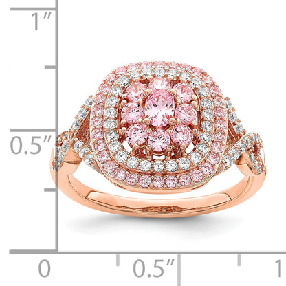 Rose Plated Sterling Silver Pink And White Cz Cushion Ring