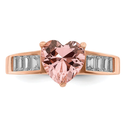 Rose Plated Sterling Silver Crystal Heart And White Cz Baguette Ring