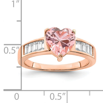 Rose Plated Sterling Silver Crystal Heart And White Cz Baguette Ring