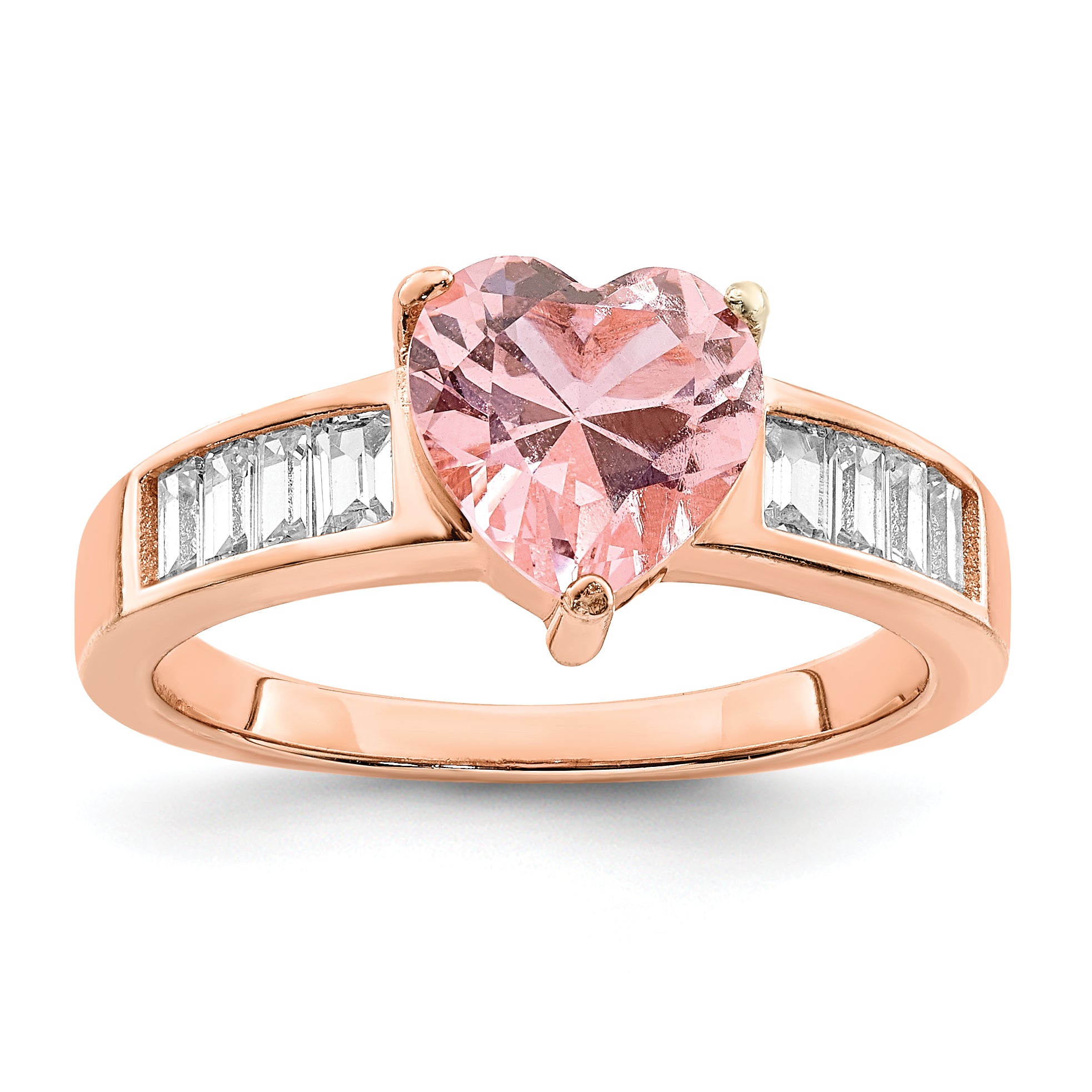 Rose Plated Sterling Silver Crystal Heart And White Cz Baguette Ring
