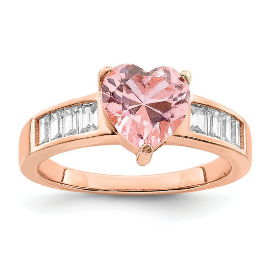 Rose Plated Sterling Silver Crystal Heart And White Cz Baguette Ring