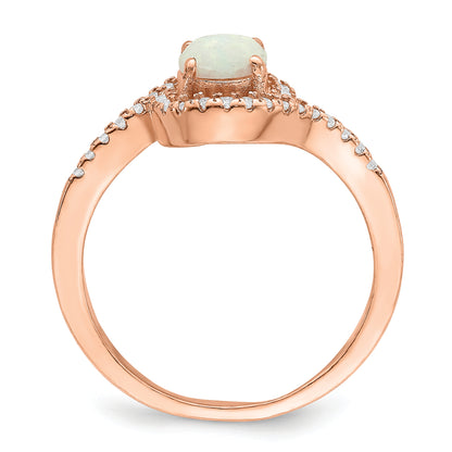 Sterling Silver Rose Tone Created Opal And Cz Halo Ring