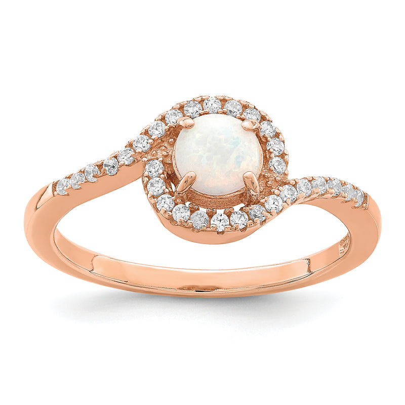 Sterling Silver Rose Tone Created Opal And Cz Halo Ring