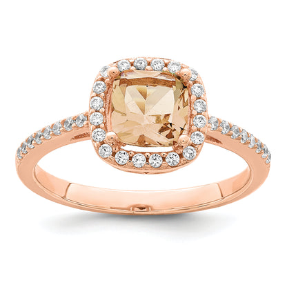 Sterling Silver Rose Tone Square Peach Cz Halo Ring