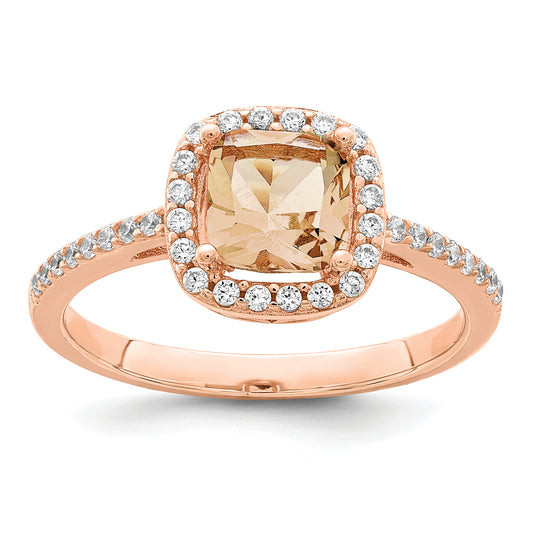 Sterling Silver Rose Tone Square Peach Cz Halo Ring