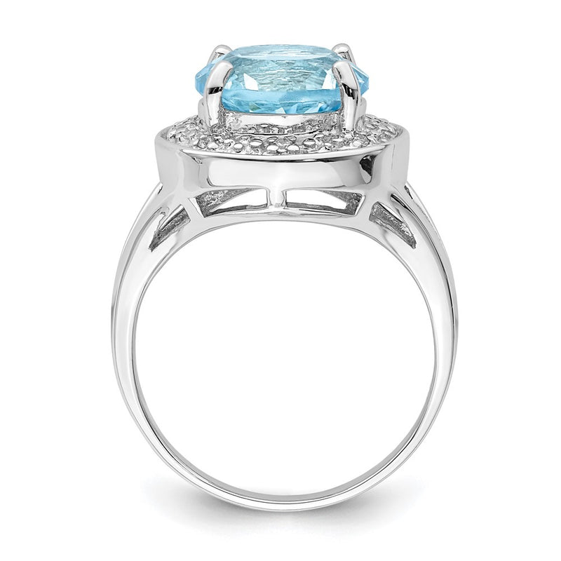 Sterling Silver Rhodium Plated 10mm Round Blue Topaz & Cz Ring