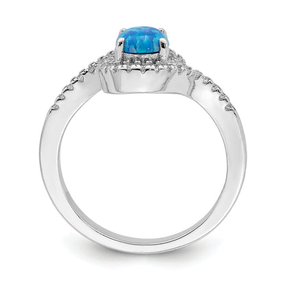 Sterling Silver Rhodium Plated Created Blue Opal /Cz Halo Ring