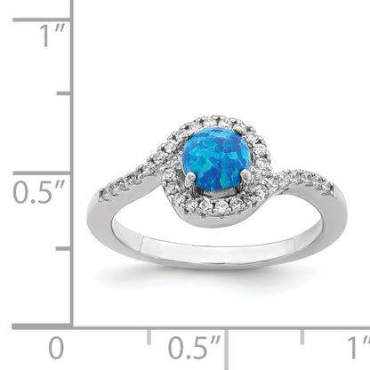 Sterling Silver Rhodium Plated Created Blue Opal /Cz Halo Ring