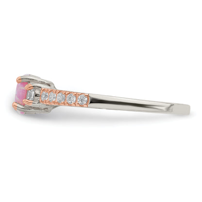Sterling Silver Rose Tone Created Pink Opal And Cz Ring
