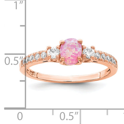 Sterling Silver Rose Tone Created Pink Opal And Cz Ring