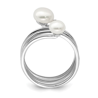 Sterling Silver Rhodium Plated 5 7mm White Button Freshwater Cultured Pearl And Cz Adjustable Ring