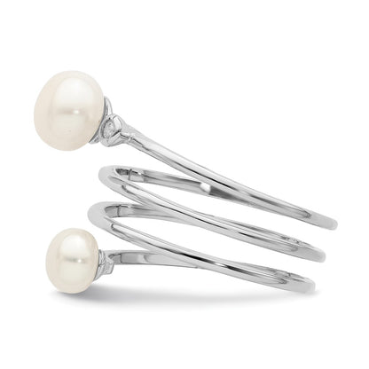 Sterling Silver Rhodium Plated 5 7mm White Button Freshwater Cultured Pearl And Cz Adjustable Ring
