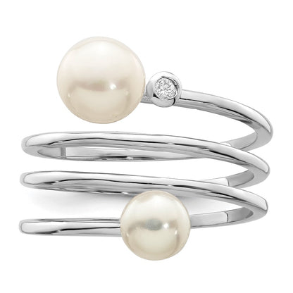 Sterling Silver Rhodium Plated 5 7mm White Button Freshwater Cultured Pearl And Cz Adjustable Ring