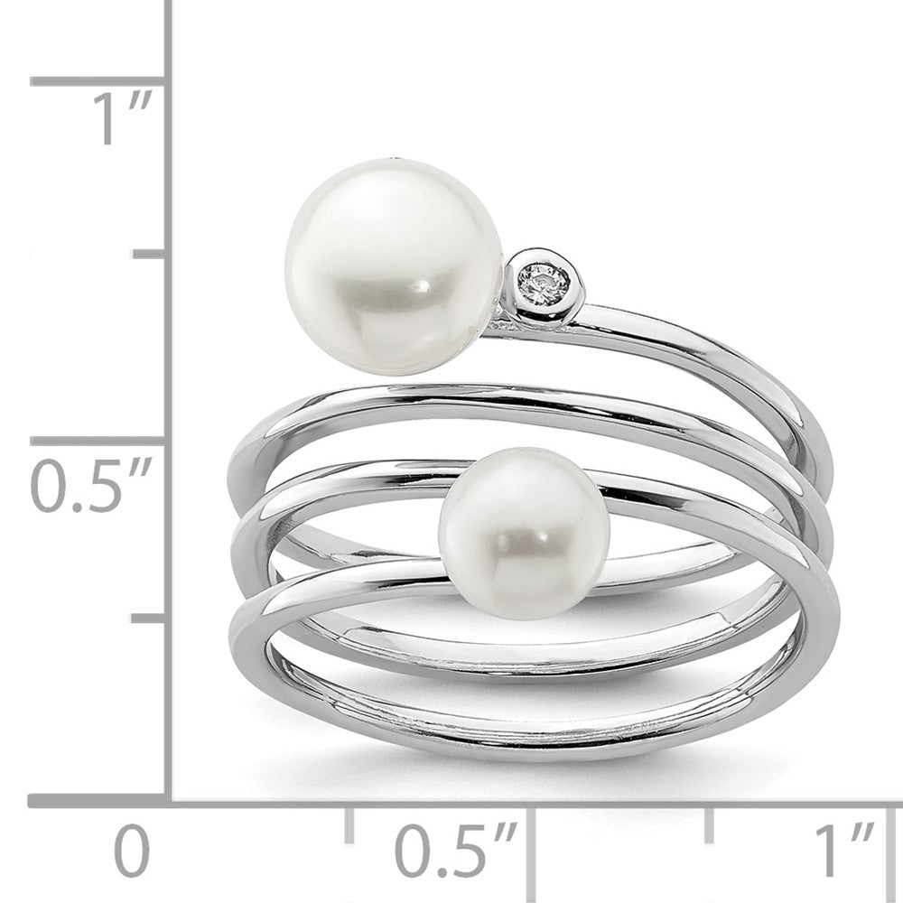 Sterling Silver Rhodium Plated 5 7mm White Button Freshwater Cultured Pearl And Cz Adjustable Ring