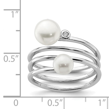 Sterling Silver Rhodium Plated 5 7mm White Button Freshwater Cultured Pearl And Cz Adjustable Ring