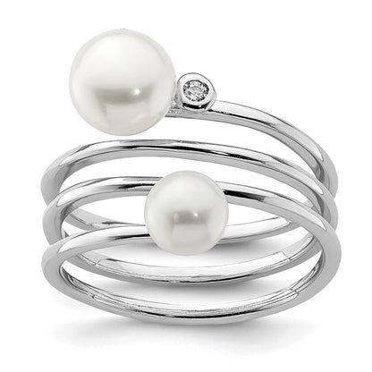 Sterling Silver Rhodium Plated 5 7mm White Button Freshwater Cultured Pearl And Cz Adjustable Ring