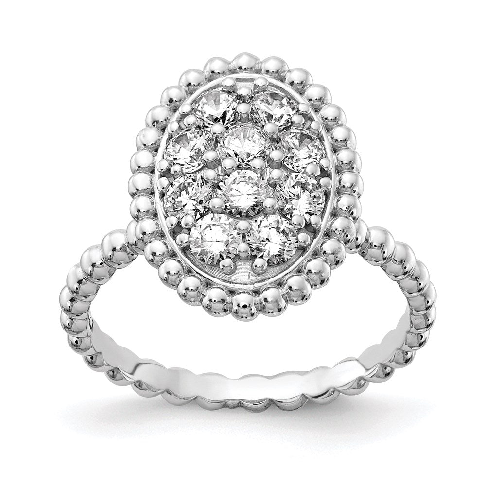 Sterling Silver Shimmer Rhodium Plated 10 Stone Cz Oval Beaded Ring