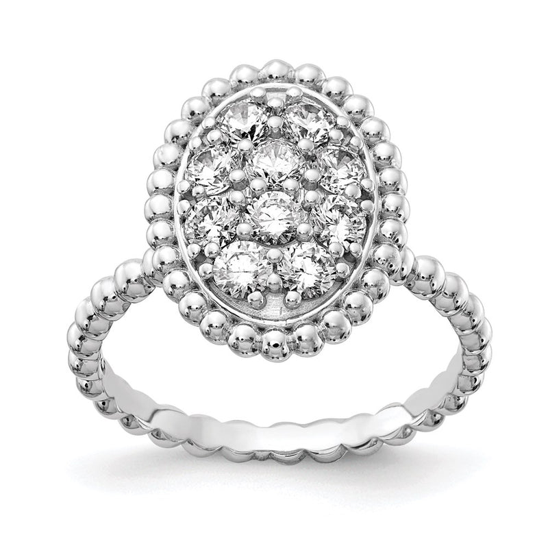 Sterling Silver Shimmer Rhodium Plated 10 Stone Cz Oval Beaded Ring