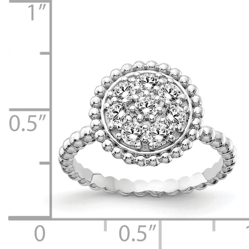 Sterling Silver Shimmer Rhodium Plated 8 Stone Cz Round Beaded Ring