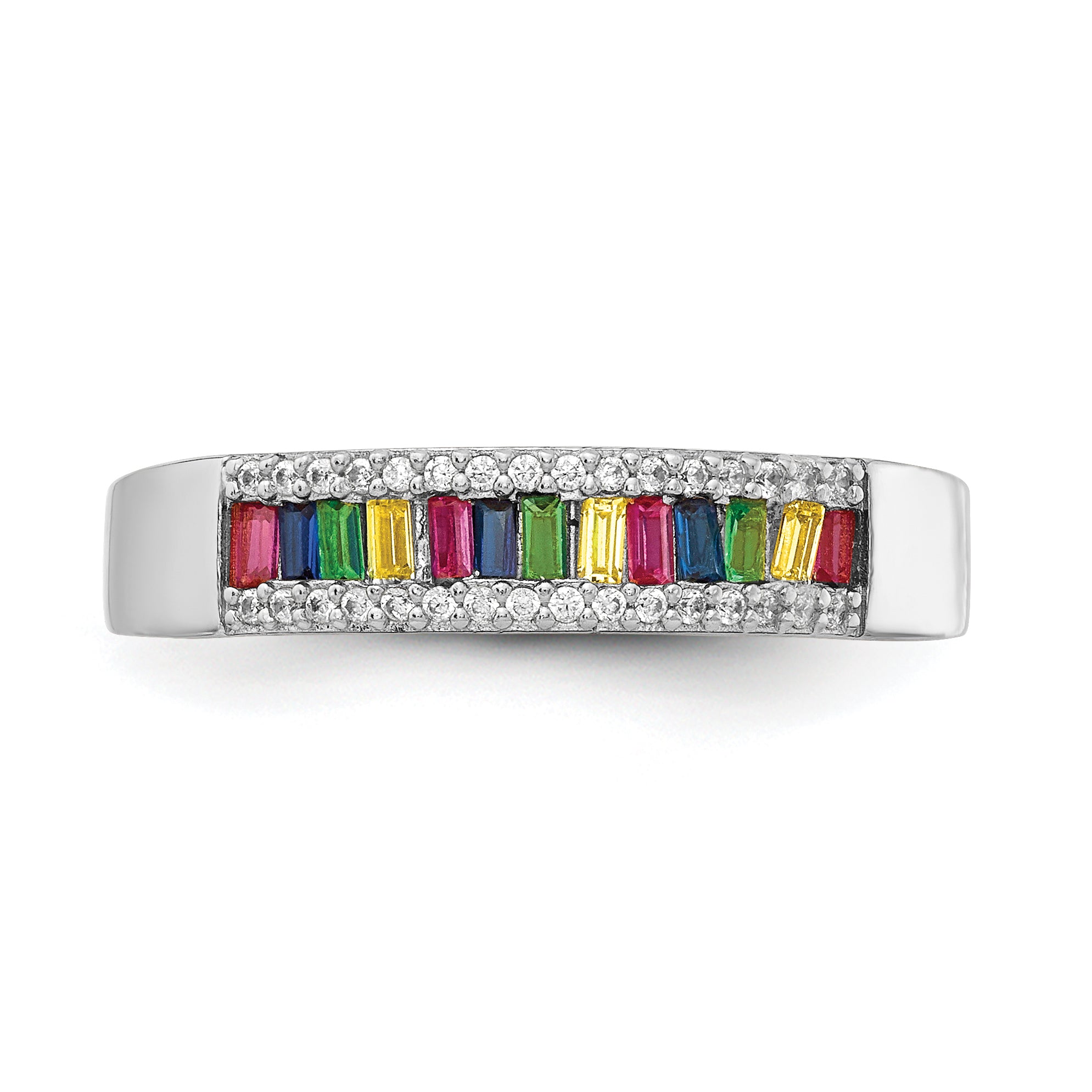 Sterling Silver Prizma Rhodium Plated Colorful Baguette And White Cz Ring