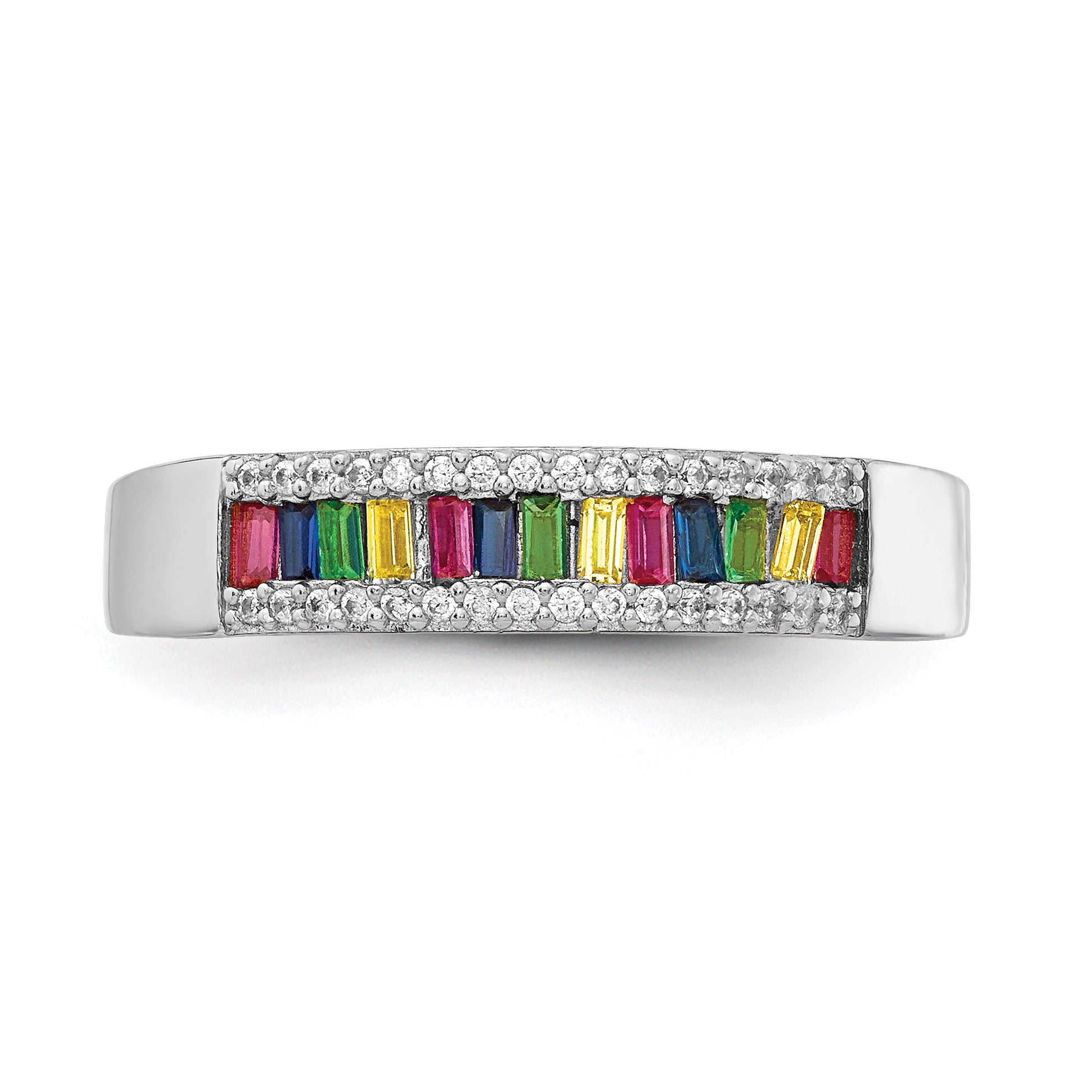 Sterling Silver Prizma Rhodium Plated Colorful Baguette And White Cz Ring