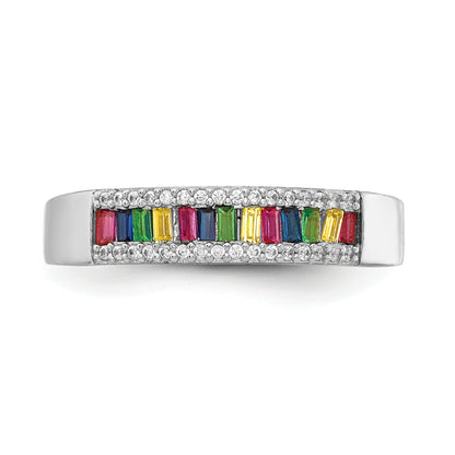Sterling Silver Prizma Rhodium Plated Colorful Baguette And White Cz Ring