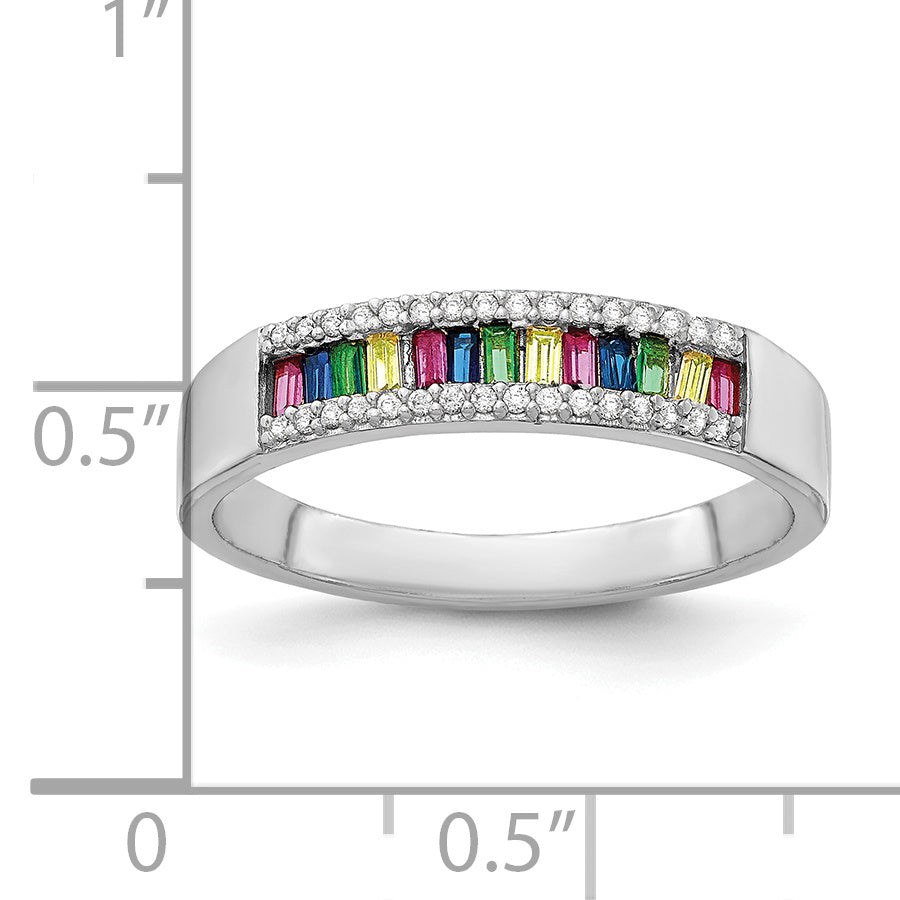Sterling Silver Prizma Rhodium Plated Colorful Baguette And White Cz Ring