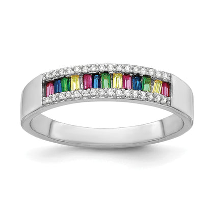 Sterling Silver Prizma Rhodium Plated Colorful Baguette And White Cz Ring
