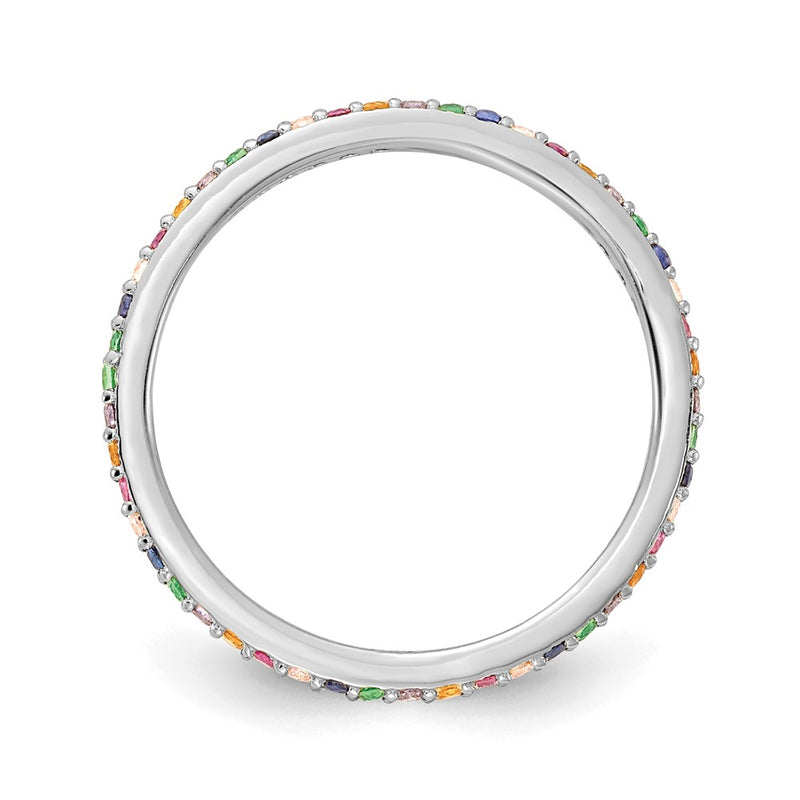 Sterling Silver Prizma Rhodium Plated Colorful Cz Thin Band Ring
