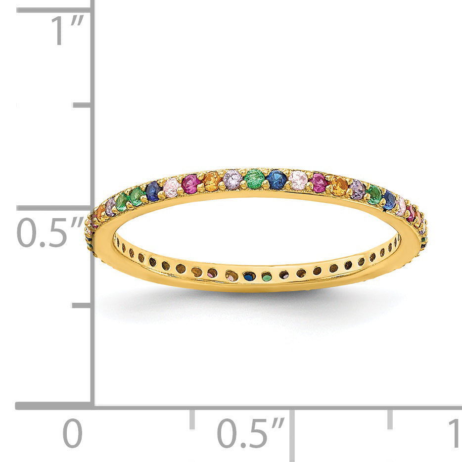 Sterling Silver Prizma Gold Tone 14K Flash Plated Colorful Cz Thin Band Ring (Size 7 Only)