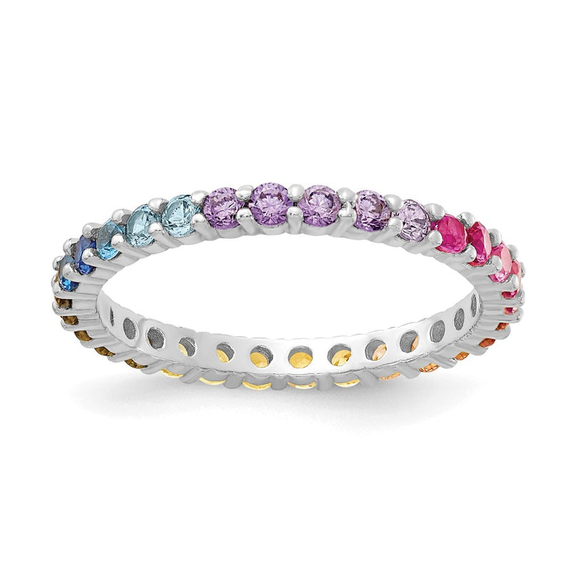 Sterling Silver Prizma Rhodium Plated Colorful Cz Eternity Band Ring