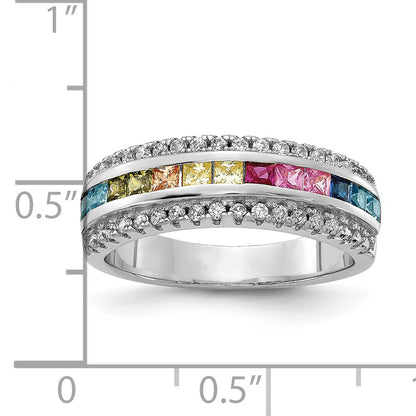 Sterling Silver Prizma Rhodium Plated Channel Set Colorful And White Cz Ring