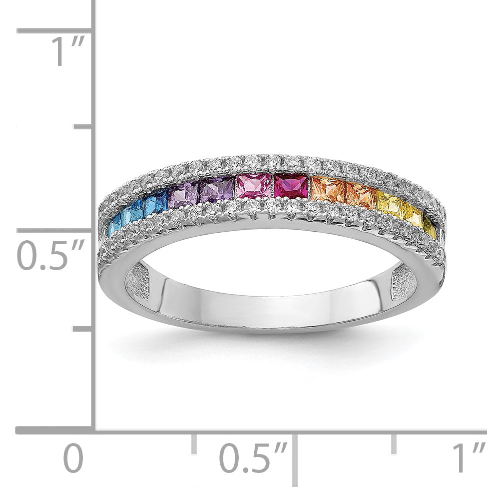 Sterling Silver Prizma Rhodium Plated Princess White And Colorful Channel Set Cz Ring