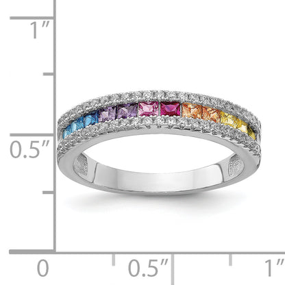Sterling Silver Prizma Rhodium Plated Princess White And Colorful Channel Set Cz Ring