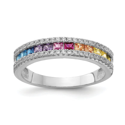 Sterling Silver Prizma Rhodium Plated Princess White And Colorful Channel Set Cz Ring